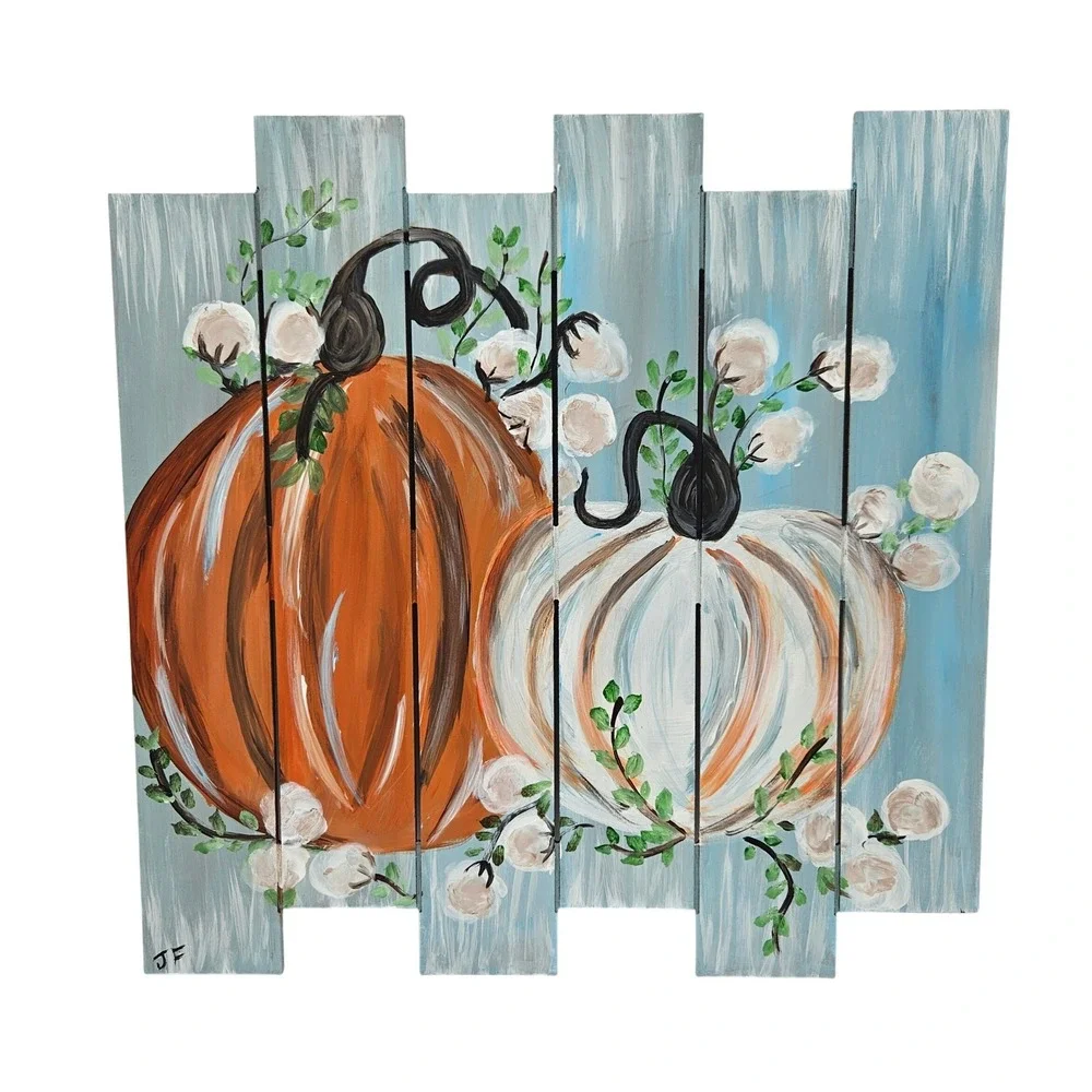 Hand Painted Wooden Pumpkin Wall Decor Autumn‎ Fall Cotton Stems